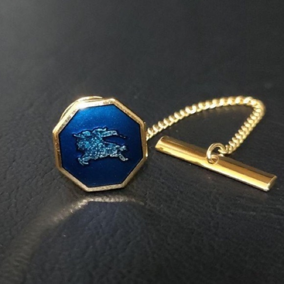 Burberry authentic cufflinks necktie pin blue gold plated octagon - Picture 9 of 12